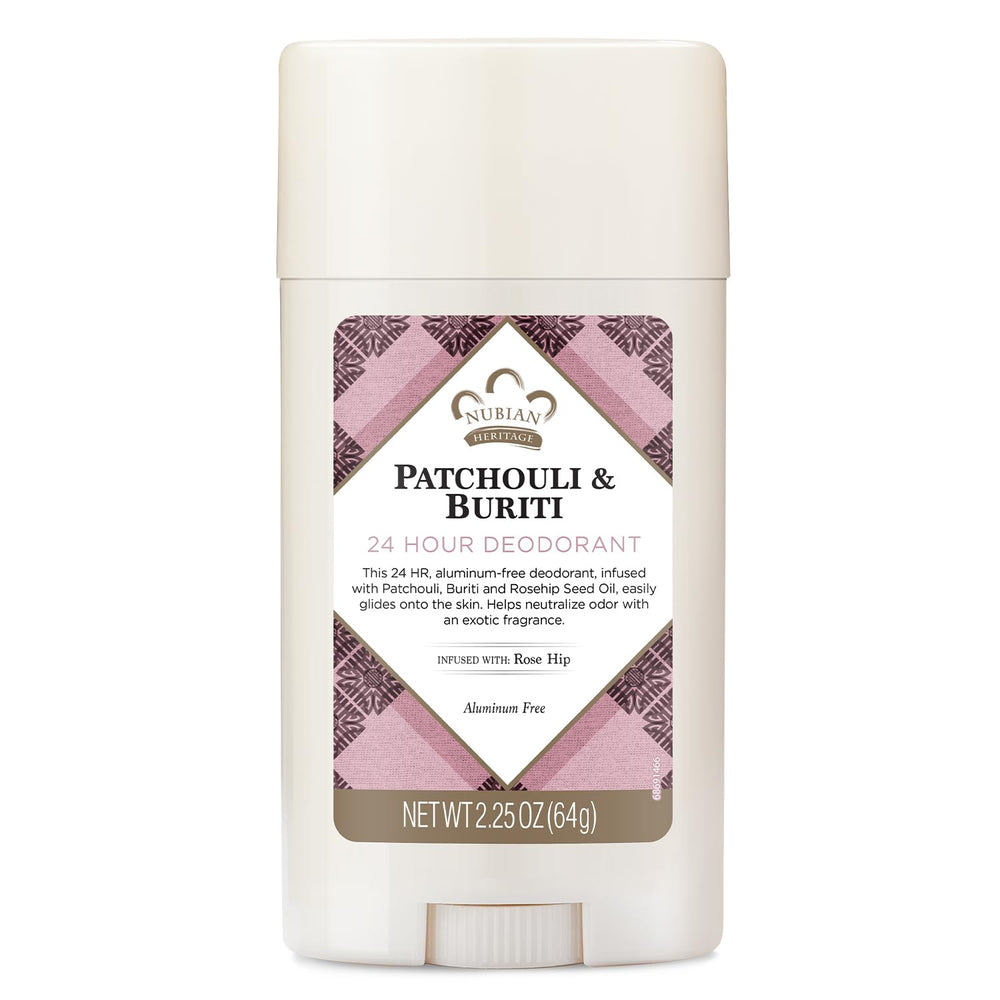 Nubian Heritage déodorant sans aluminium Patchouli et Buriti, protection durable et parfum naturel.