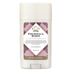 Nubian Heritage déodorant sans aluminium Patchouli et Buriti, protection durable et parfum naturel.