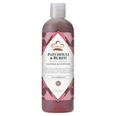 Gel douche Nubian Heritage Patchouli Buriti, bouteille visible, parfum tonifiant, peau propre et revitalisée.
