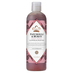 Gel douche Nubian Heritage Patchouli Buriti, bouteille visible, parfum tonifiant, peau propre et revitalisée.