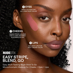 Nudestix Nudies Blush Stick avec pinceau intégré pour une application rapide.