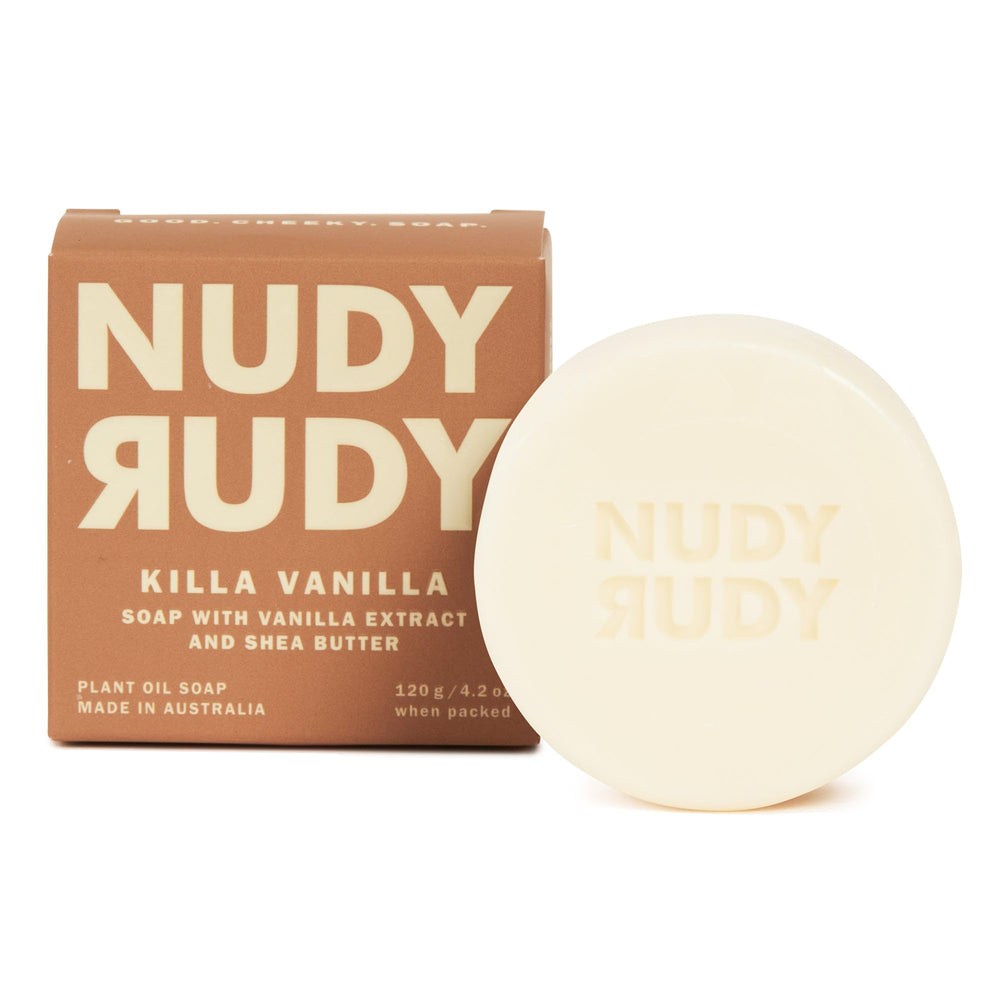 Nudy Rudy Killa Vanilla pain de savon sec, idéal pour une douche durable.