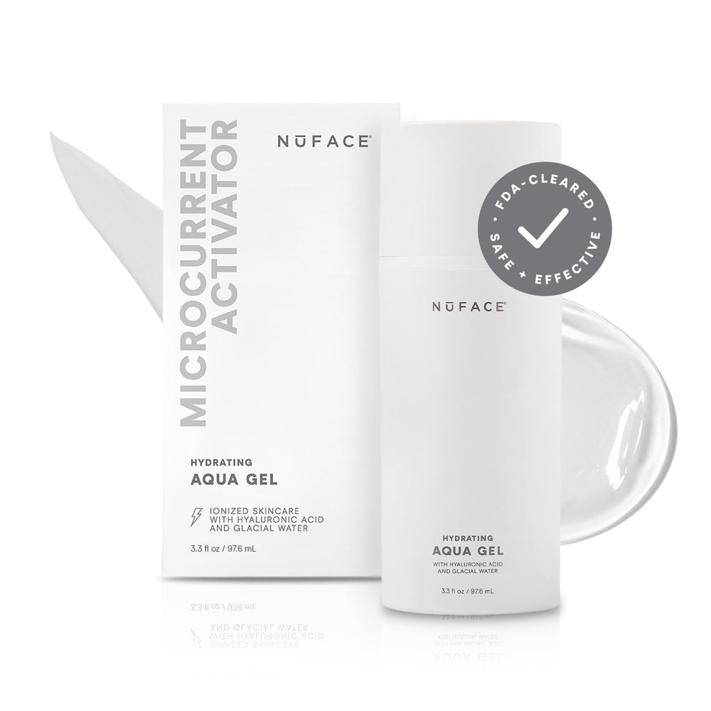 NuFACE Gel Aqua activateur: bouteille prête et hydratation visible