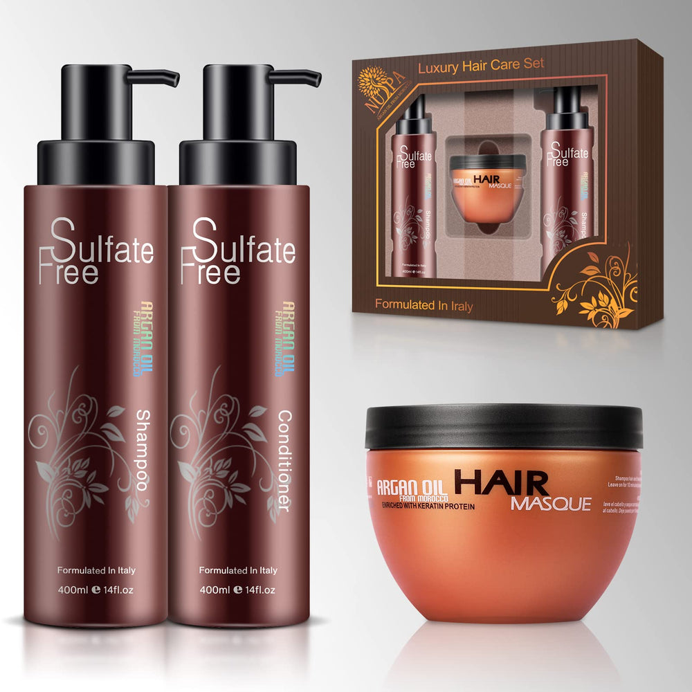 Nuspa Shampoing Argan Marocain, flacon, idéal pour cheveux abîmés et secs.