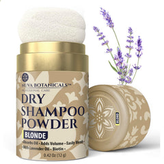 Nuva Botanicals Blonde Dry Shampoo Poudre – emballage mini, pratique en voyage.