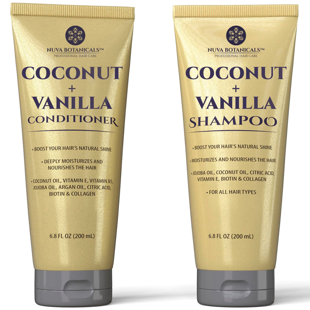 Nuva Botanicals Coco Vanille shampoo bouteille: hydratation en profondeur et brillance.