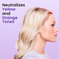 Nuva Botanicals Shampoing Violet – cheveux blonds et gris lumineux après utilisation.