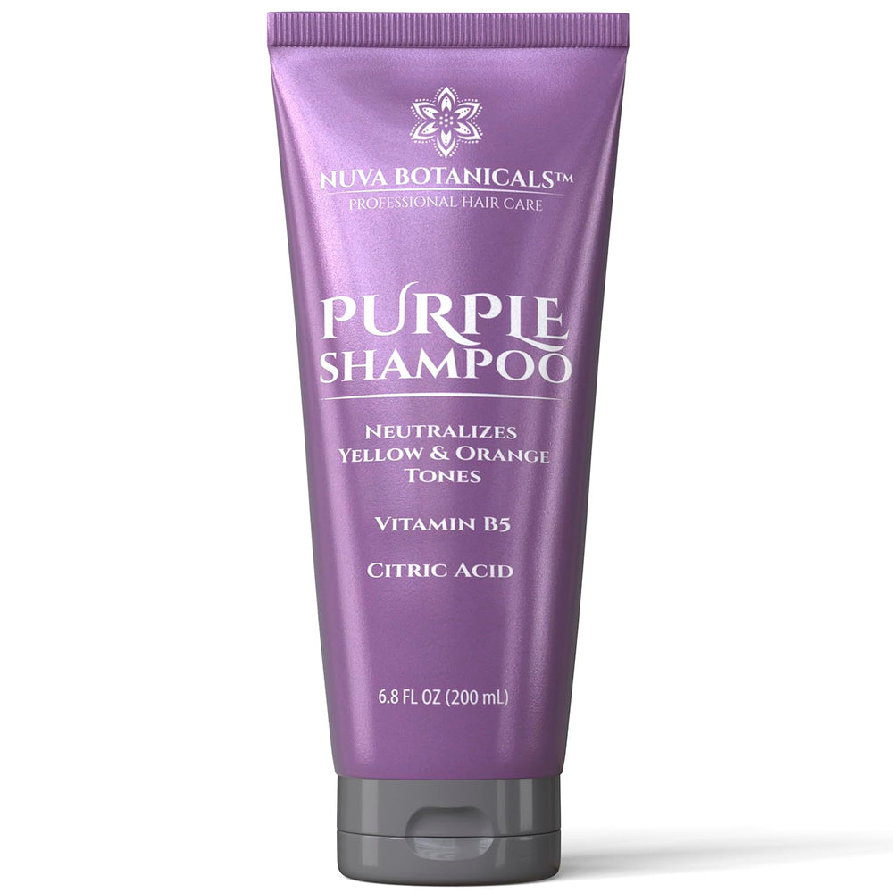 Nuva Botanicals Shampoing Violet – bouteille élégante qui neutralise les reflets jaunes.