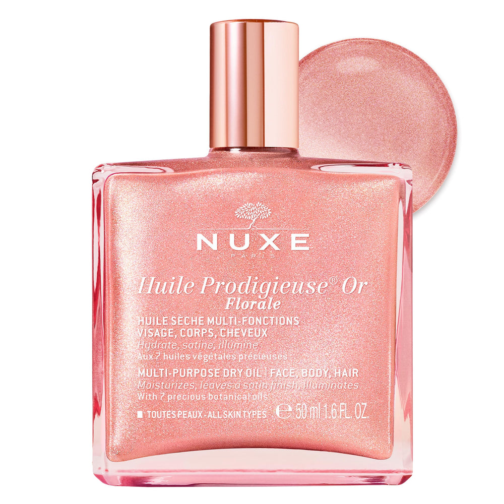 Nuxe Huile Prodigieuse Florale, bouteille rose, éclat délicat et hydratation durable.