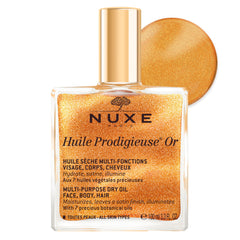 Nuxe Huile Prodigieuse Shimmer — bouteille lumineuse pour éclat naturel sur peau et cheveux.