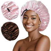 NVNAN bonnet nuit satin double couche marron et rose, douceur protectrice pour cheveux bouclés.