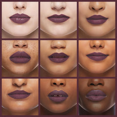 Échantillon de lèvres prune avec le crayon suède matte NYX, rendu fidèle.