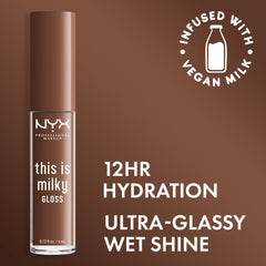 NYX This Is Milky Gloss swatch, couleur lactée et brillance intense.
