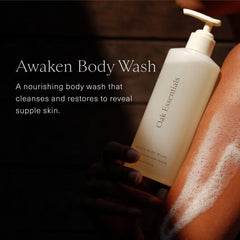 Oak Essentials Awaken Body Wash – goutte huile cèdre, arôme apaisant et revitalisant.