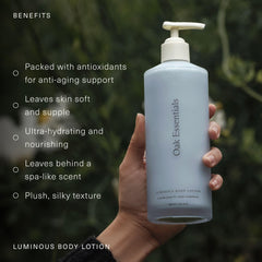 Oak Essentials Luminous Body Lotion – bleu-tansy et huile de rose, sensation apaisante.