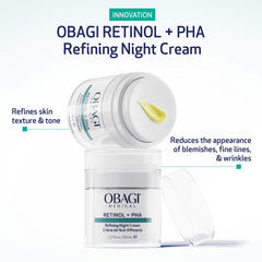 Obagi Medical Retinol + PHA Refining Night Cream, flacon pompe, utilisation nocturne facilitée.