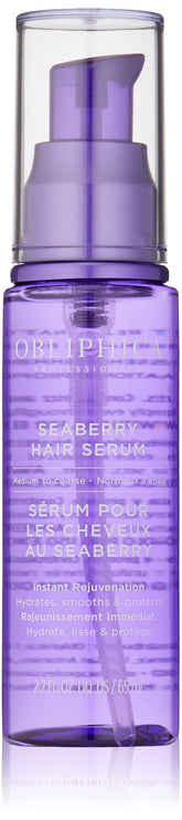 Obliphica Seaberry Sérum, bouteille présentée, nourrit les cheveux et facilite le coiffage.