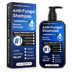 Shampoing Oely antifongique sur bouteille, soulage démangeaisons et pellicules.