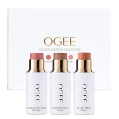 Emballage élégant du trio Ogee, bâton visage prêt pour un aspect naturel.
