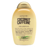 OGX Anti-Hair Fall Coconut Caffeine Shampoo bottle highlights caffeine blend for stronger strands.