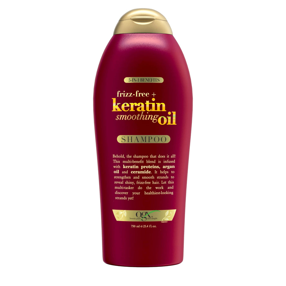 OGX Frizz-Free Keratin Shampoo bottle front showing smoothing action
