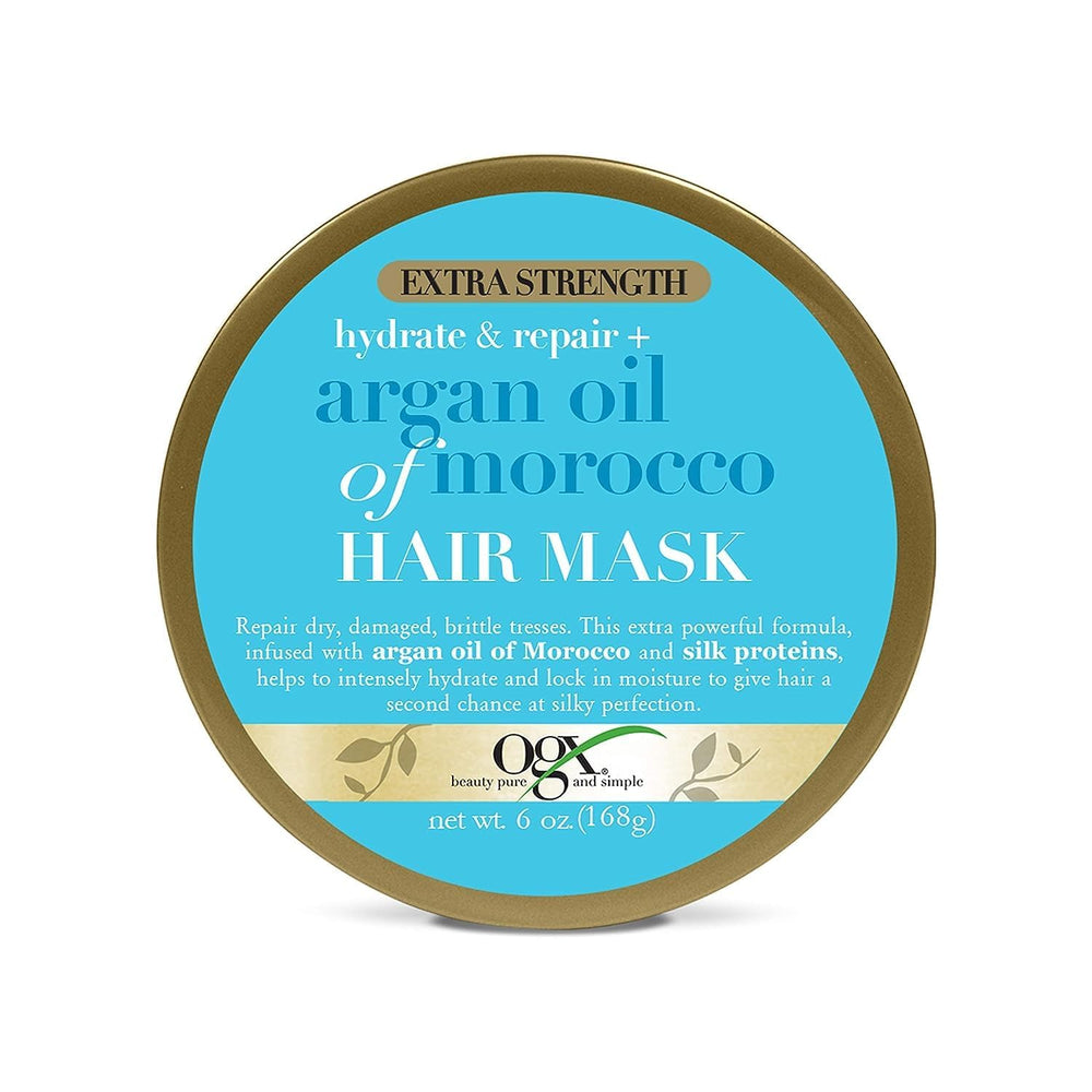 OGX masque cheveux argan maroc, hydratation intense et brillance naturelle.