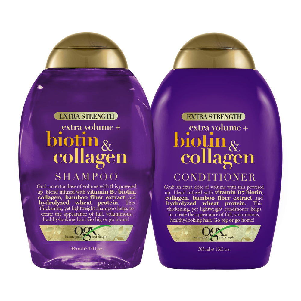 OGX Shampoing Biotine et Collagène: bouteille prête pour plus de volume.