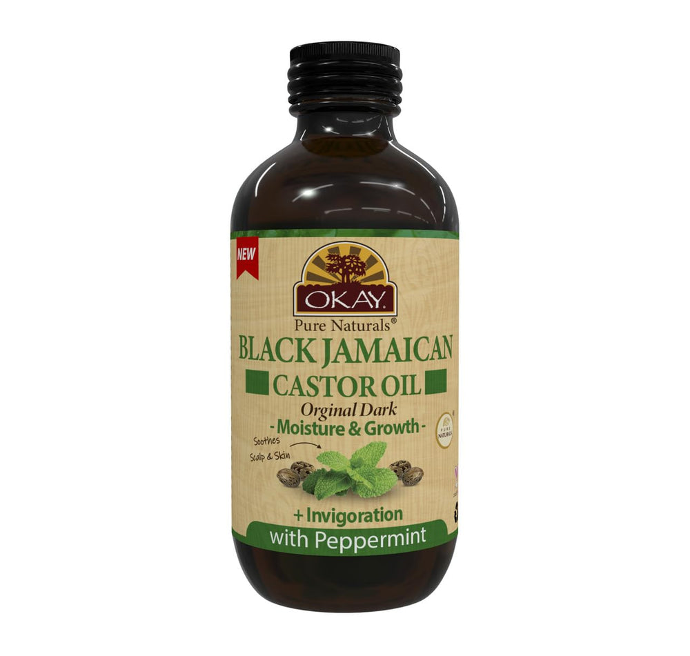 OKAY Pure Naturals: bouteille en verre d'huile ricin noire jamaïcaine prête à usage capillaire.