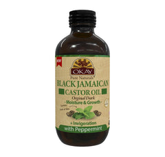 OKAY Pure Naturals: bouteille en verre d'huile ricin noire jamaïcaine prête à usage capillaire.