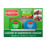 Coffret cadeau O'Keeffe's montrant le trio soin mains, pieds et lèvres pour hydratation rapide.