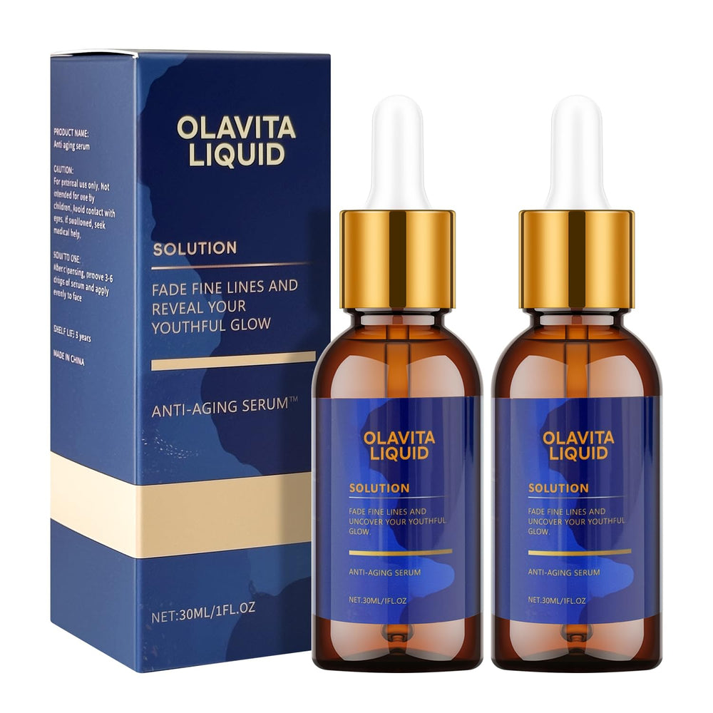 Olavita Liquid bottle close-up showcasing premium packaging for daily anti-aging care