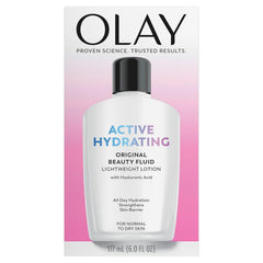 OLAY Active Hydrating Fluid Lotion Original, flacon hydratant et absorption rapide.
