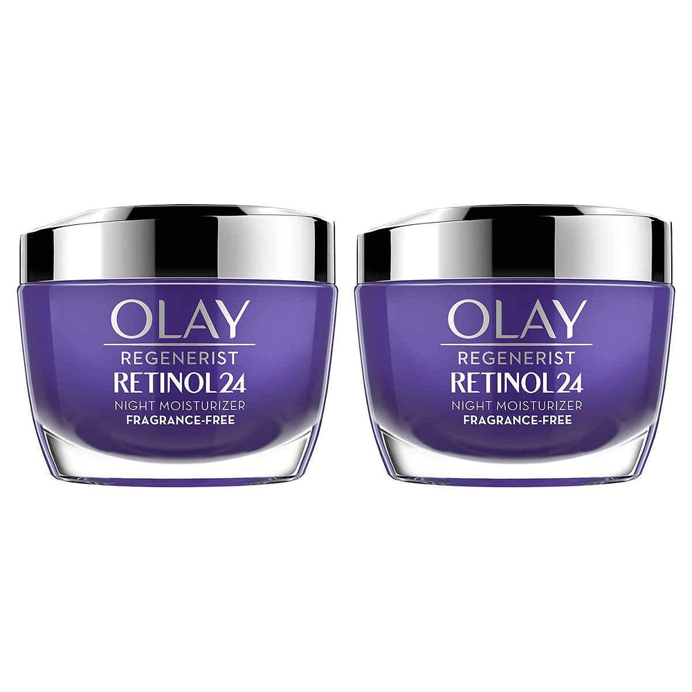 Olay Regenerist Retinol 24 Crème Nuit, bouteille, hydratation nocturne et réveil lumineux