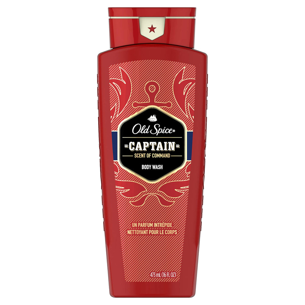 Old Spice Capitaine gel douche, bouteille en premier plan, parfum boisé et frais