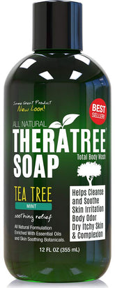 Oleavine TheraTree soap bottle pour for refreshing skin cleanse after workouts