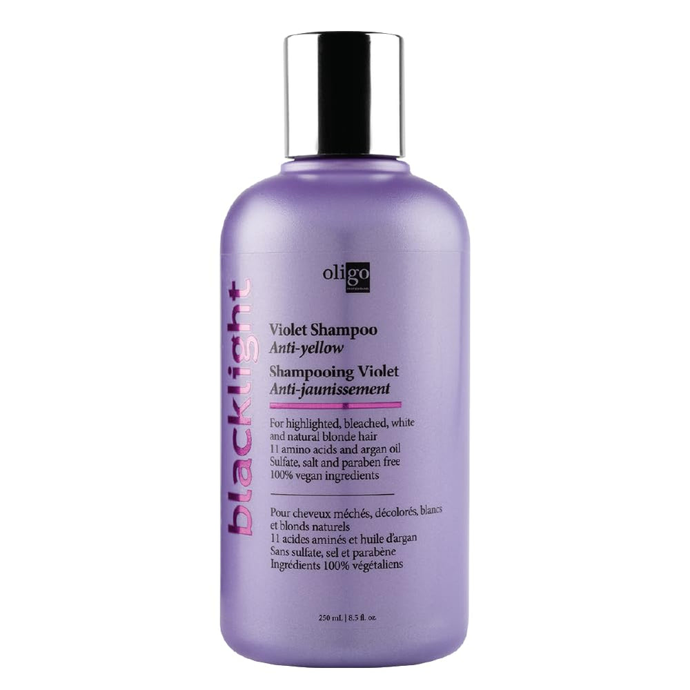 Bouteille Oligo Professionnel Blacklight Violet Shampoo, neutralise les reflets jaunes.
