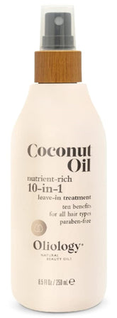 Oliology huile de coco 10-en-1 spray – bouteille prête à démêler et nourrir les cheveux.