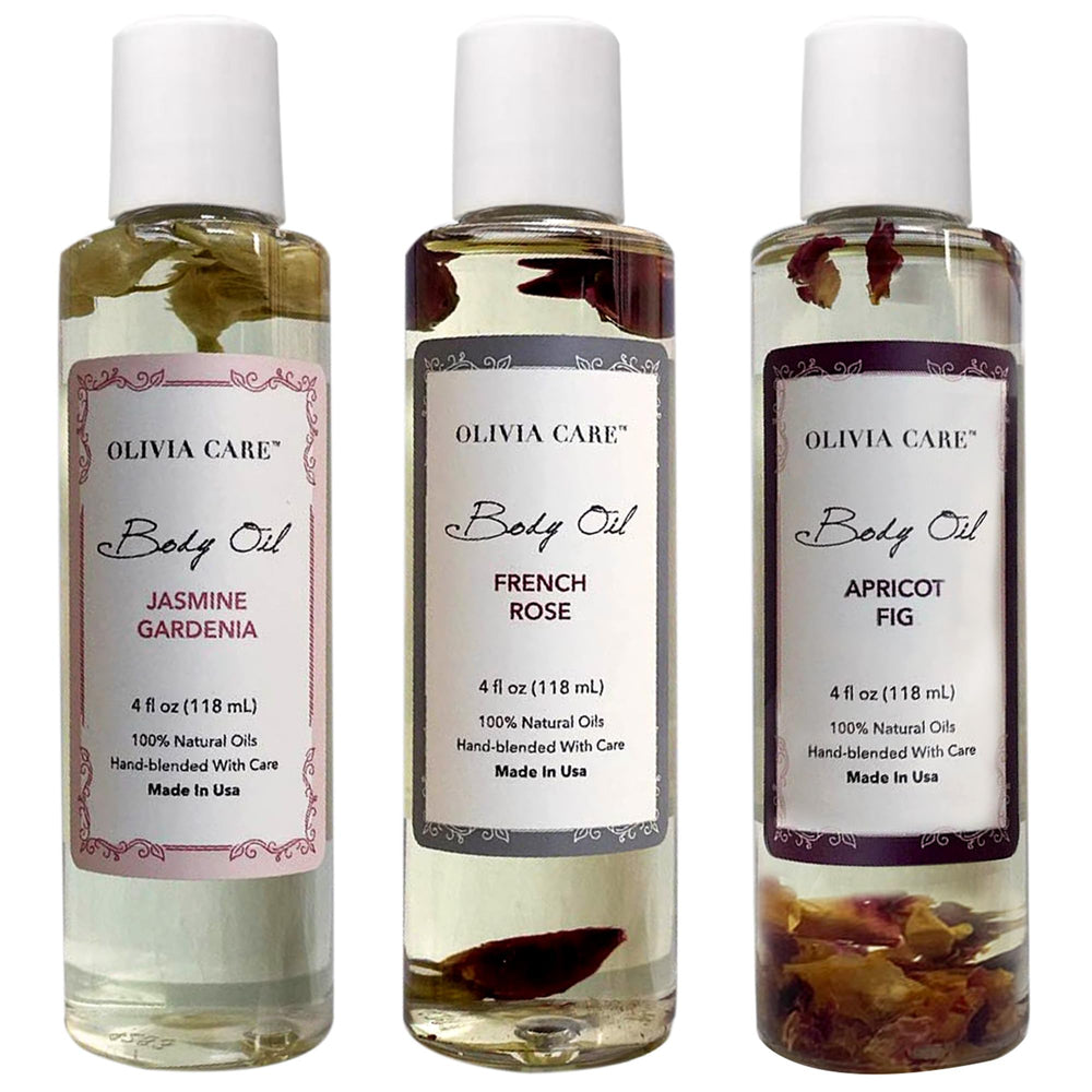 Olivia Care huile pour le corps abricot figue en flacon, hydratation légère et parfum délicat