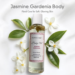 Olivia Care Jasmine Gardenia Body Oil texture close-up signaling fragrance and hydration.
