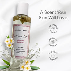 Olivia Care Jasmine Gardenia Body Oil pump dispense shows easy application.
