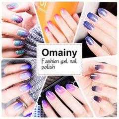 Omainy vernis gel changeant bleu-blanc, transition subtile sur les ongles.