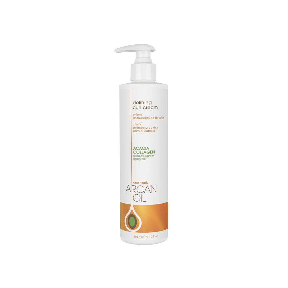 One 'N Only Crème Définissante Pour Boucles, bouteille d’huile d’argan, définition et brillance.
