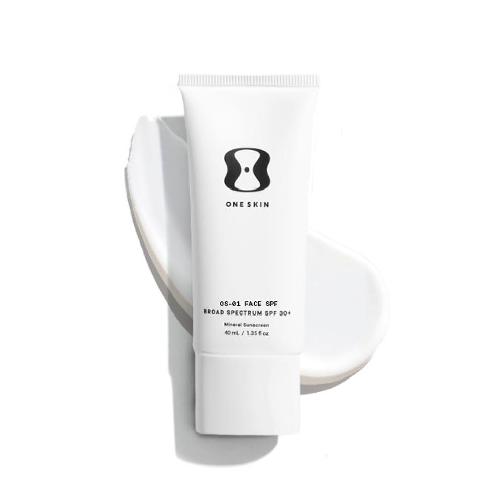 OneSkin FACE SPF OS-01, bouteille minérale, protection solaire efficace et propre.