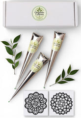 Cones Organic Leaves Henna pré-remplis 3x30g, pratique pour motifs traditionnels.
