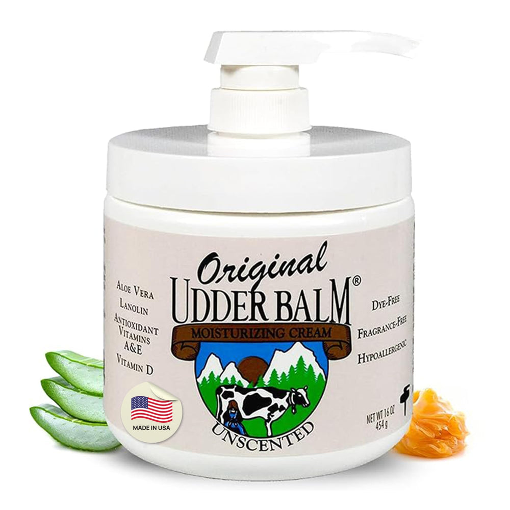 Original Udder Balm, pompe bocal sans parfum, hydratation rapide et durable.