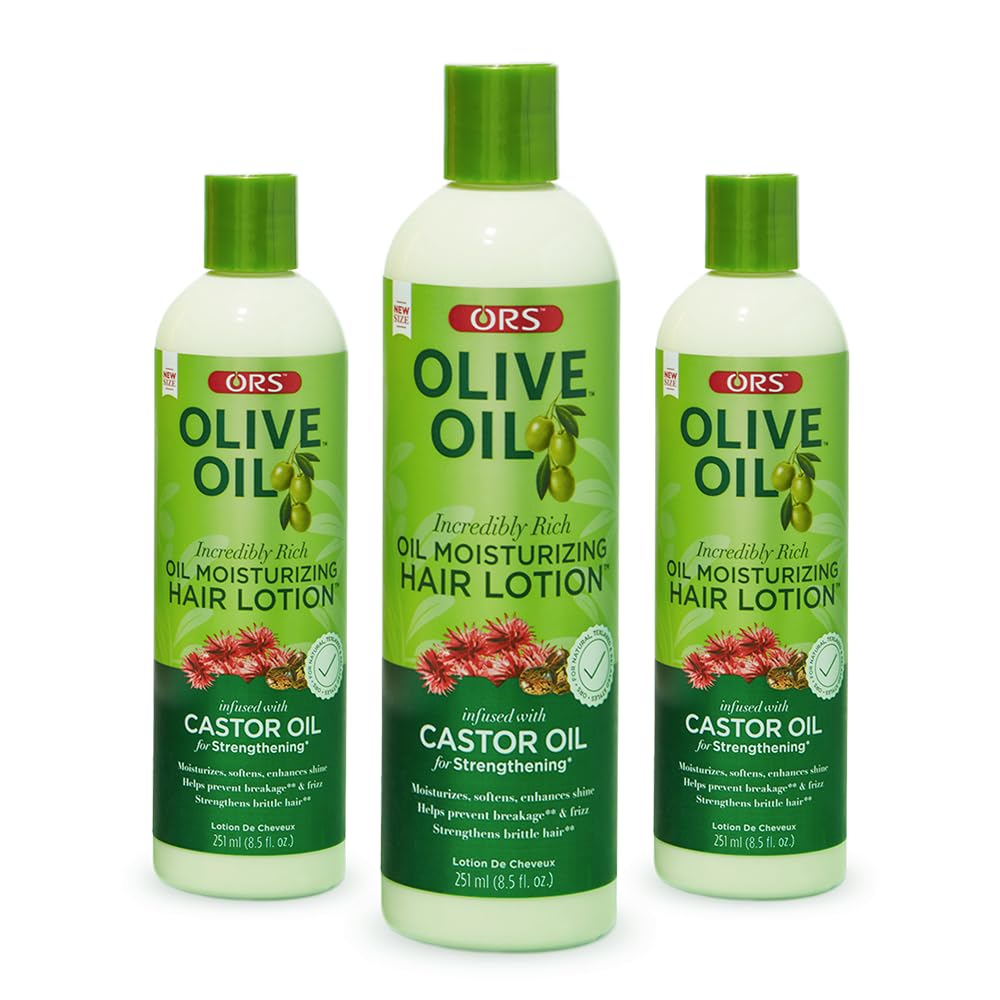 ORS Huile d’olive – bouteille de lotion capillaire visible, hydratation riche pour cheveux soyeux.