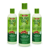 ORS Huile d’olive – bouteille de lotion capillaire visible, hydratation riche pour cheveux soyeux.
