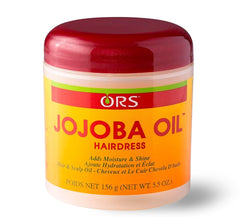 ORS Huile de jojoba sur bouteille, hydratation des cheveux et douceur.