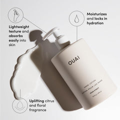 Lotion OUAI, texture crèmeuse qui pénètre rapidement sans sensation grasse.