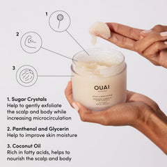 OUAI Scalp & Body Scrub application en mouvement circulaire sur la peau.